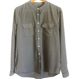 Lord & Taylor long sleeve button up shirt black stripes pocket high collar Med
